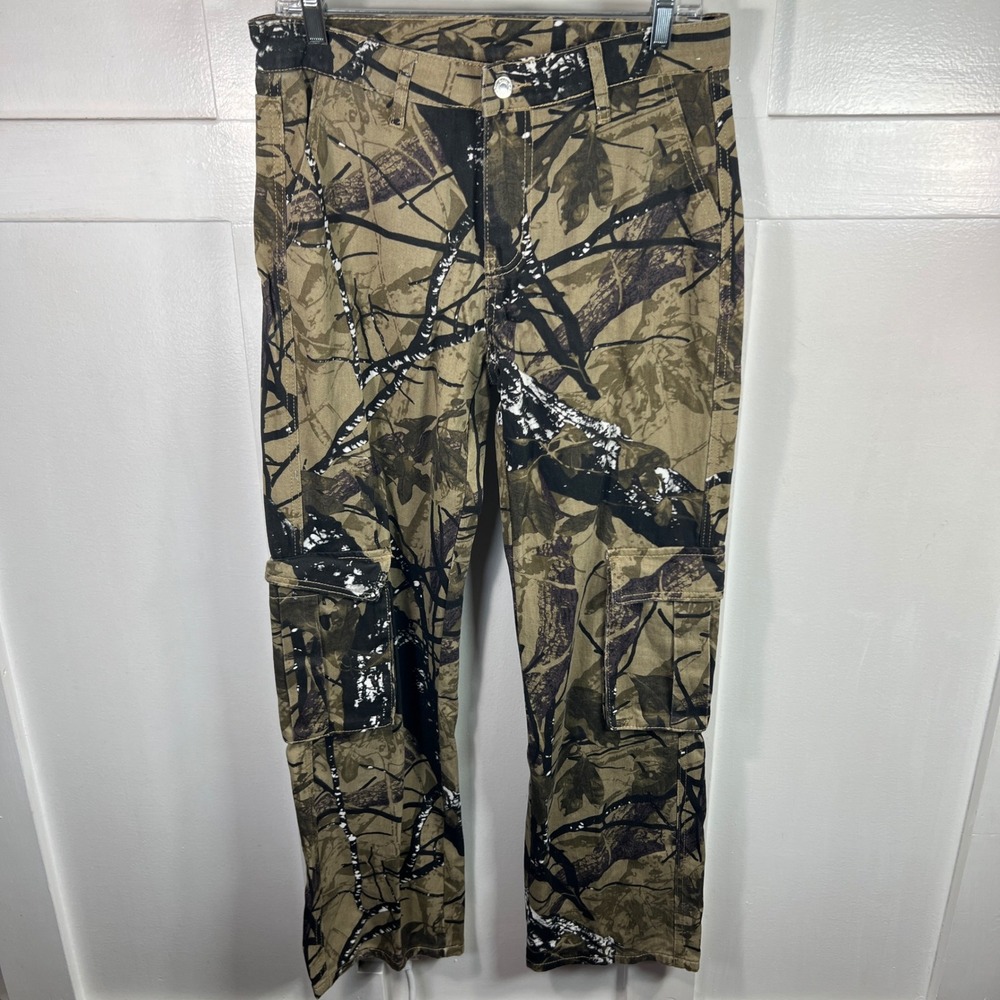 Mens Tree Camo Straight Leg Cargo Pants Brown Green 32x30